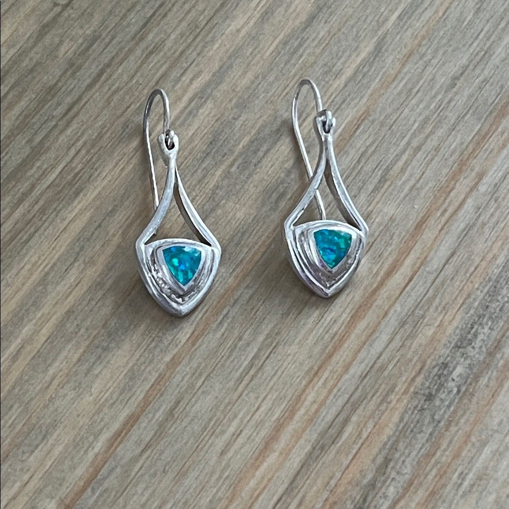 925 Sterling Silver Blue Fire Opal Drop Earrings, Vintage